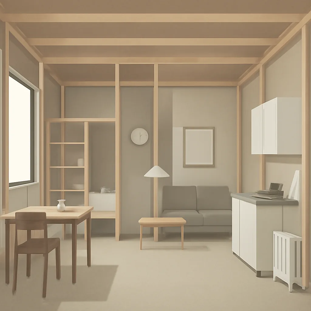 editorial illustration of a minimalist apartment with a wooden structure, no people, emphasizing simplicity and frugalit